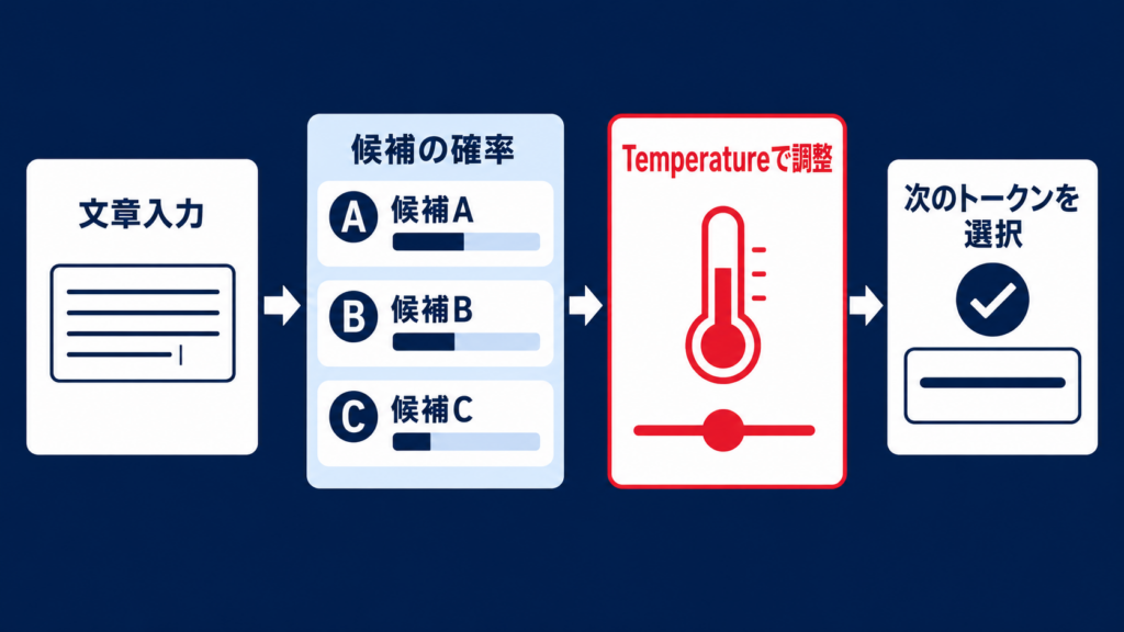 Temperatureとは何かを示す生成AIの確率分布の概念図
