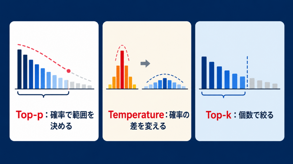 Top-pで確率に応じて候補数が変わる仕組みを示す図