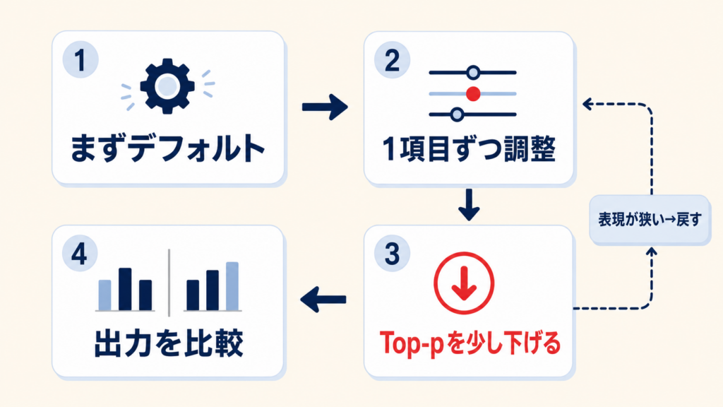Top-pとTemperatureを調整するときの注意点を示す図