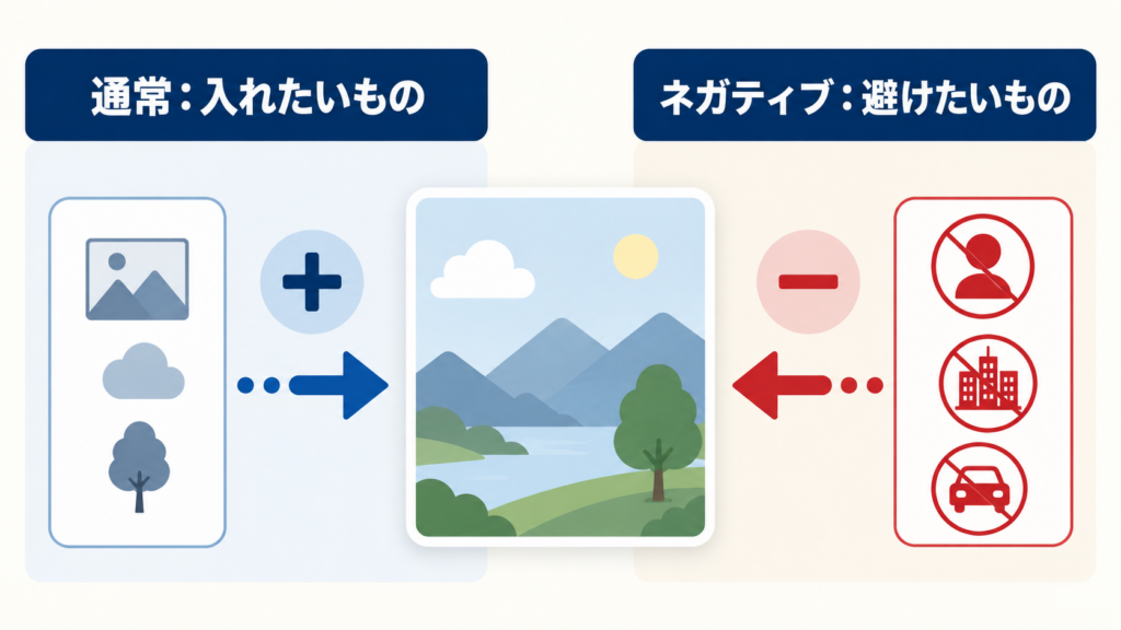 通常のプロンプトとネガティブプロンプトで指定する内容の違い