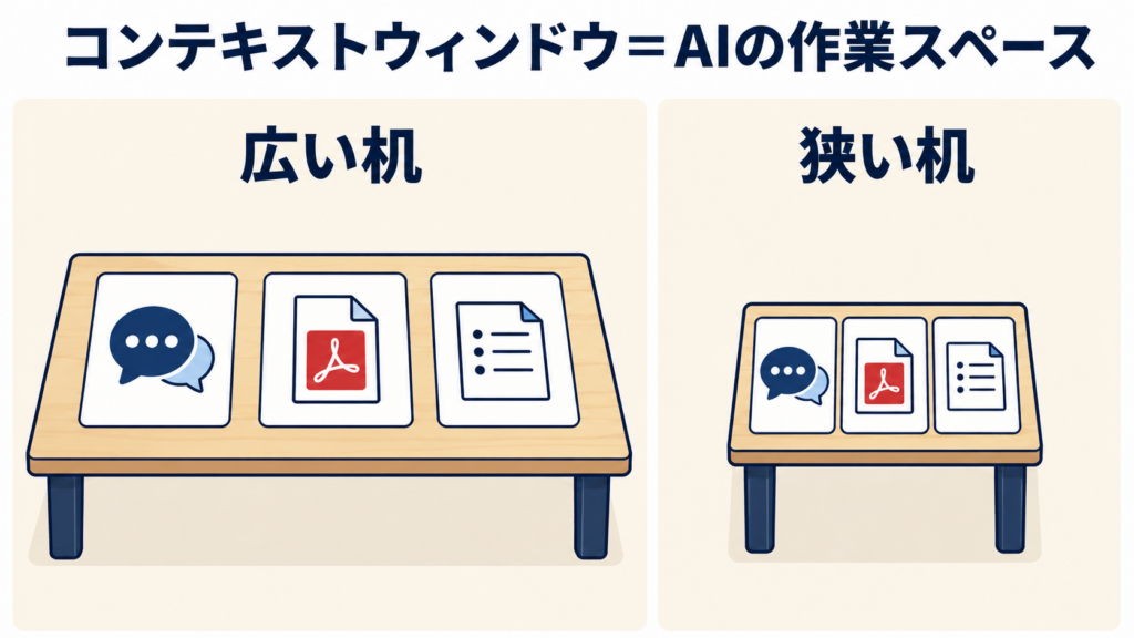 コンテキストウィンドウの範囲を机の広さで表した図