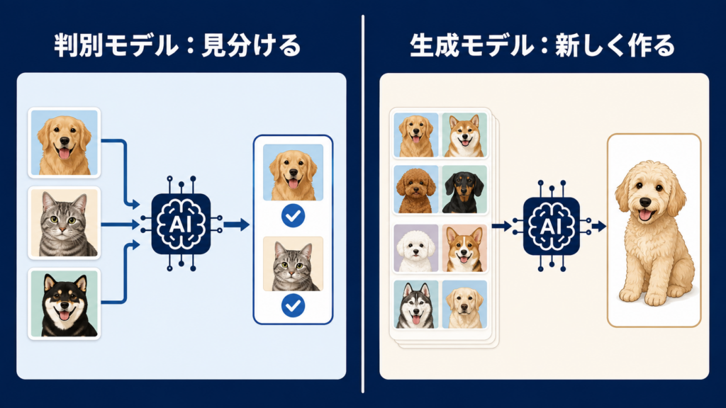 生成モデルとは何かと基本的な仕組みを示す図