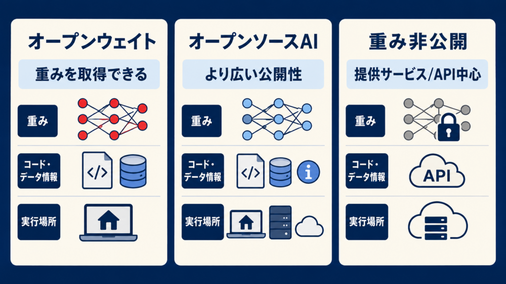 オープンウェイトモデルの重みと仕組みを示す図