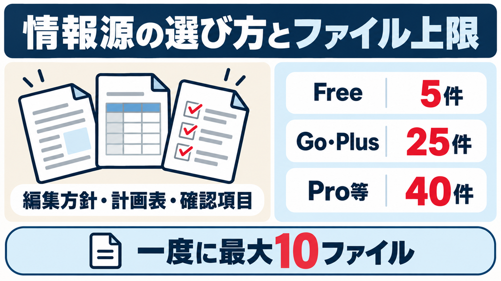 情報源の選び方とファイル上限：Free5件、Go・Plus25件、Pro等40件、一度に最大10ファイル