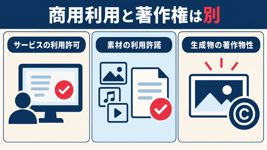 商用利用と著作権の違い:サービスの利用許可、素材の利用許諾、生成物の著作物性を分けて確認
