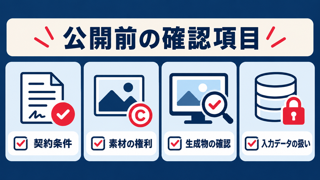 公開前に確認する契約条件、素材の権利、生成物の内容、入力データの扱い