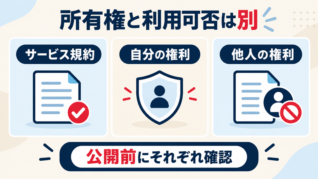所有権と利用可否は別：サービス規約、自分の権利、他人の権利を公開前に確認