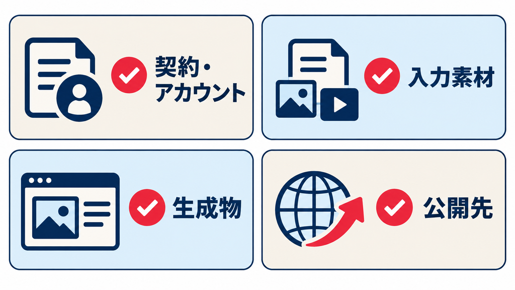 商用利用前の4つの確認項目：契約・アカウント、入力素材、生成物、公開先