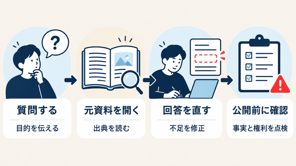 Grokの基本操作：質問する、元資料を開く、回答を直す、公開前に確認する