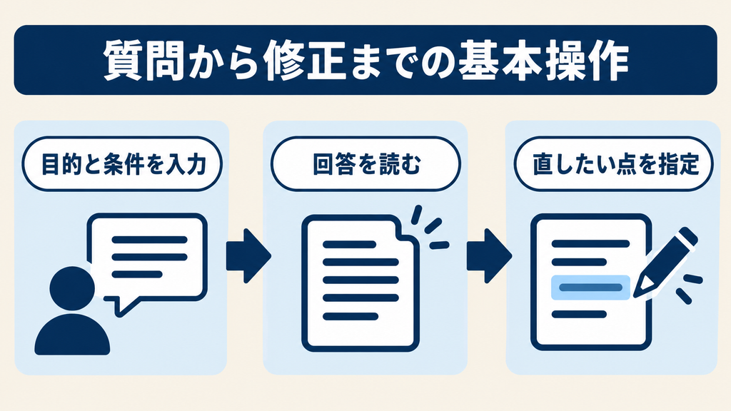 Grokの基本操作：目的と条件を入力し、回答を読み、直したい点を指定する