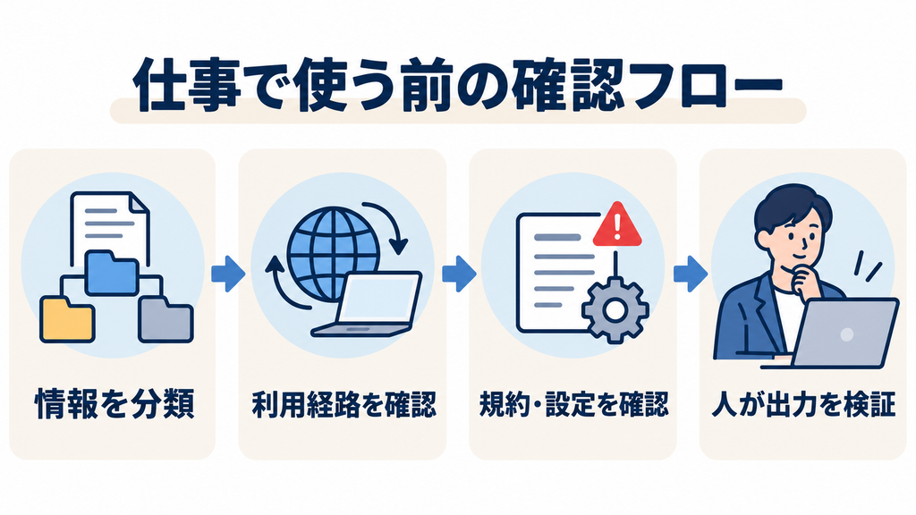 DeepSeekを仕事で使う前の確認フロー：情報を分類し、利用経路と規約・設定を確認して、人が出力を検証する