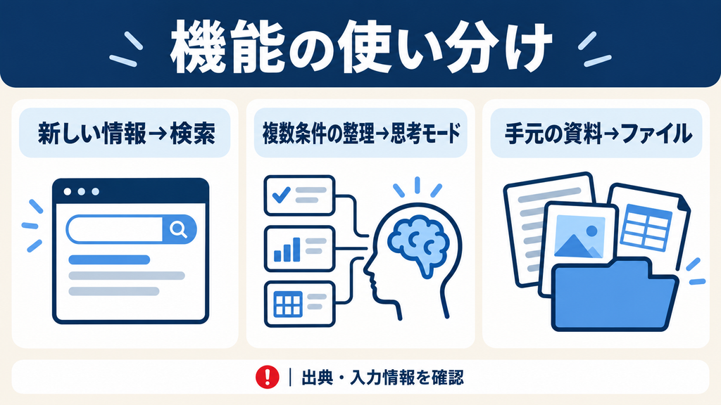 DeepSeekの機能の使い分け：新しい情報は検索、複数条件の整理は思考モード、手元の資料はファイル添付。出典と入力情報を確認する