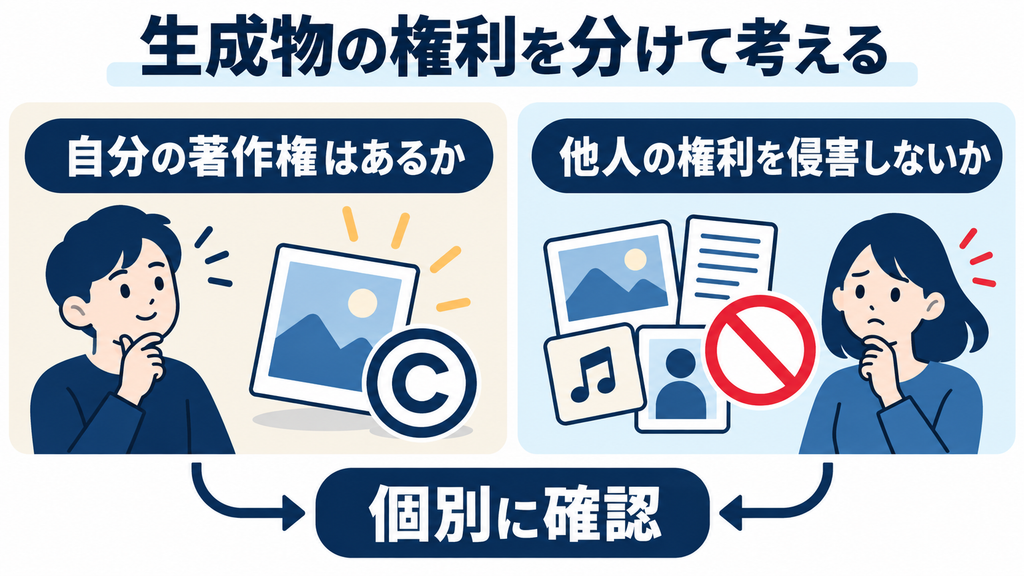 生成物の権利は、自分に著作権があるかと他人の権利を侵害しないかを分けて個別に確認する