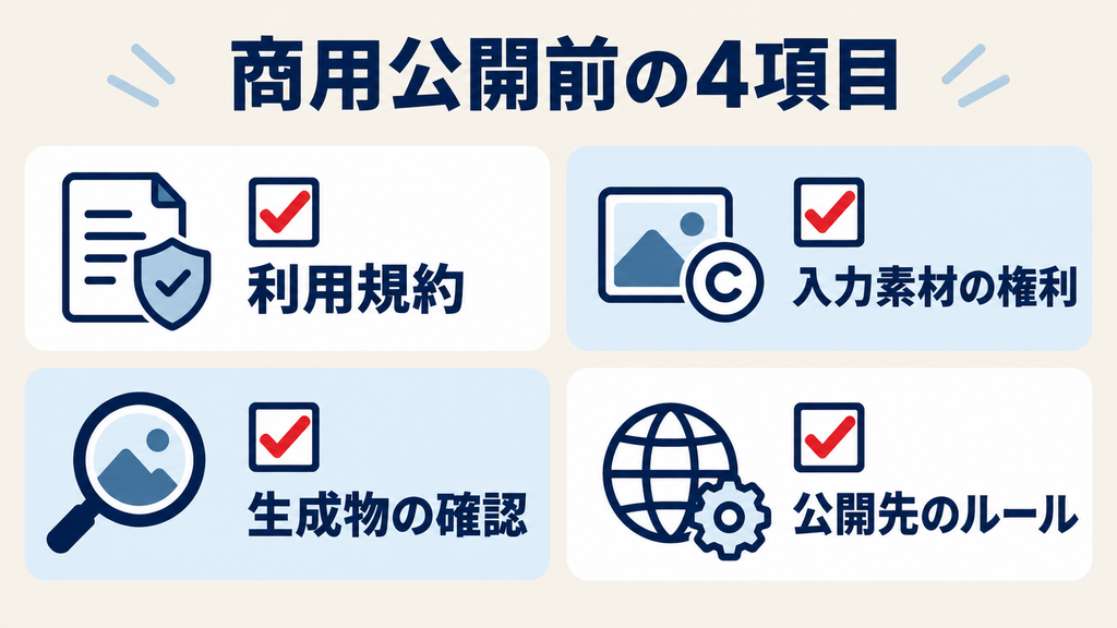 商用公開前の4項目：利用規約・入力素材の権利・生成物の確認・公開先のルール