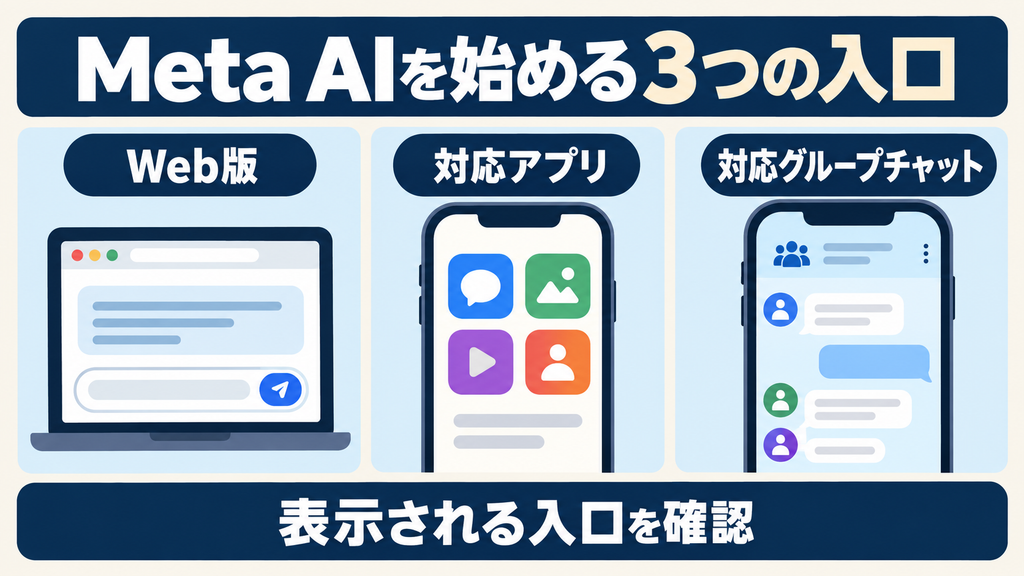 Meta AIの使い方を始める3つの入口：Web版、対応アプリ、対応グループチャット