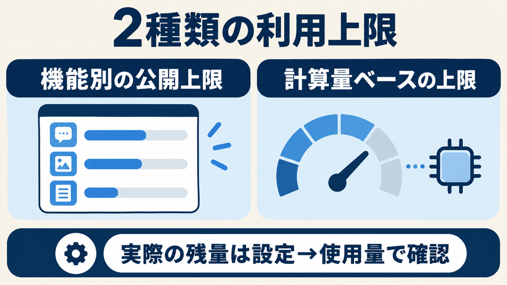2種類の利用上限：機能別の公開上限と計算量ベースの上限。実際の残量は設定の使用量で確認