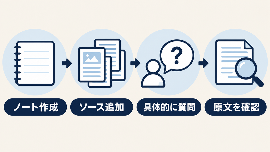 ノート作成、ソース追加、具体的な質問、原文確認の基本操作