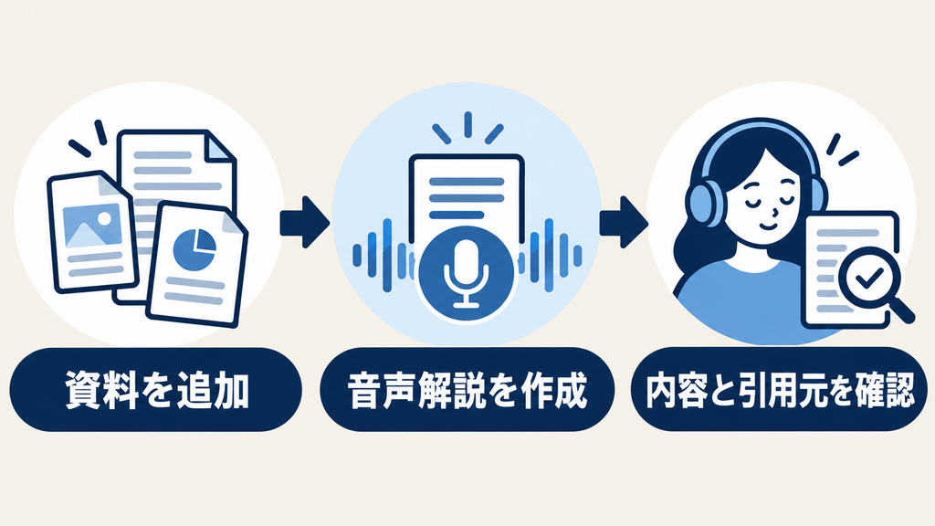 資料を追加して音声解説を作り、内容と引用元を確認する流れ