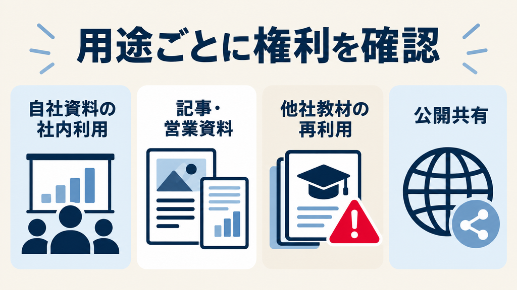 Gemini Notebookの商用利用は用途ごとに権利を確認：自社資料の社内利用、記事・営業資料、他社教材の再利用、公開共有