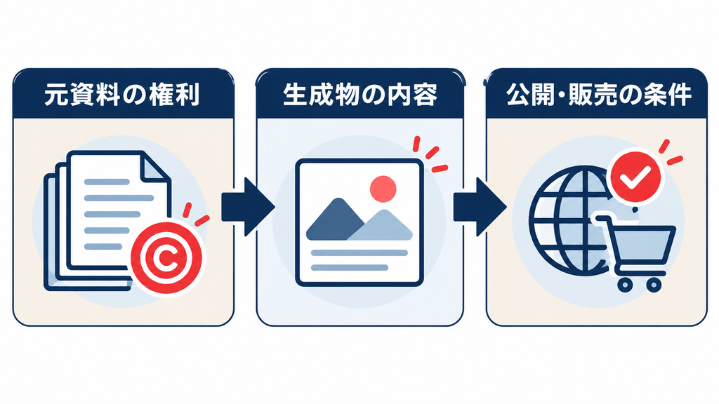 元資料の権利、生成物の内容、公開・販売の条件を順に確認する