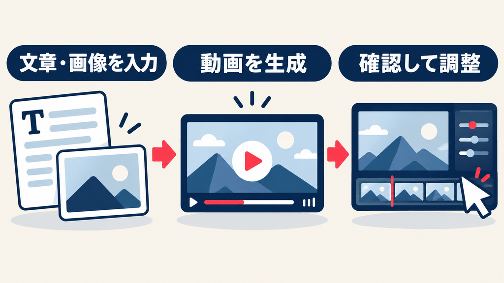 Runway AIで文章・画像を入力し、動画を生成して確認・調整する流れ