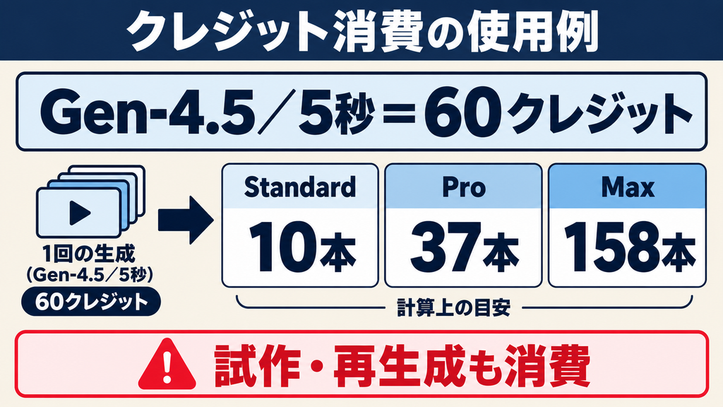 Gen-4.5の5秒動画に60クレジットを使う場合の生成本数と、試作・再生成の消費