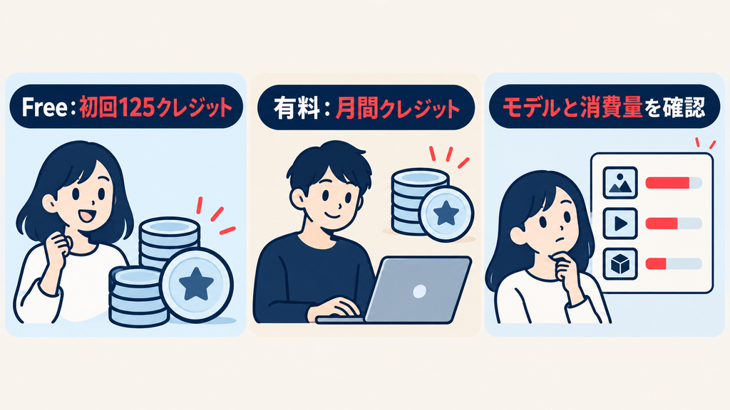Runway AIの無料枠は初回125クレジット。有料プランは月間クレジットとモデル別消費量を確認