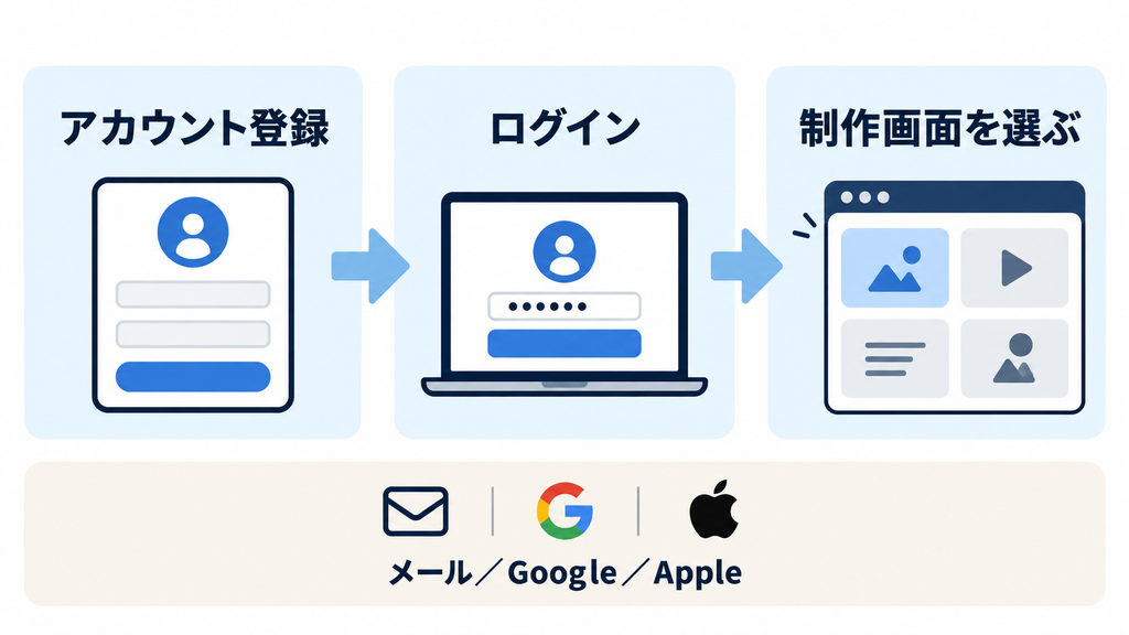 Runwayの使い方：メール・Google・Appleで登録し、ログインして制作画面を選ぶ流れ