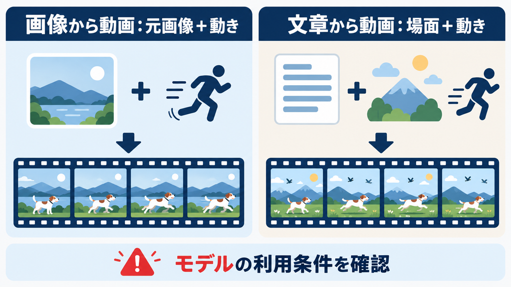 画像から動画は元画像と動き、文章から動画は場面と動きを指定する違い