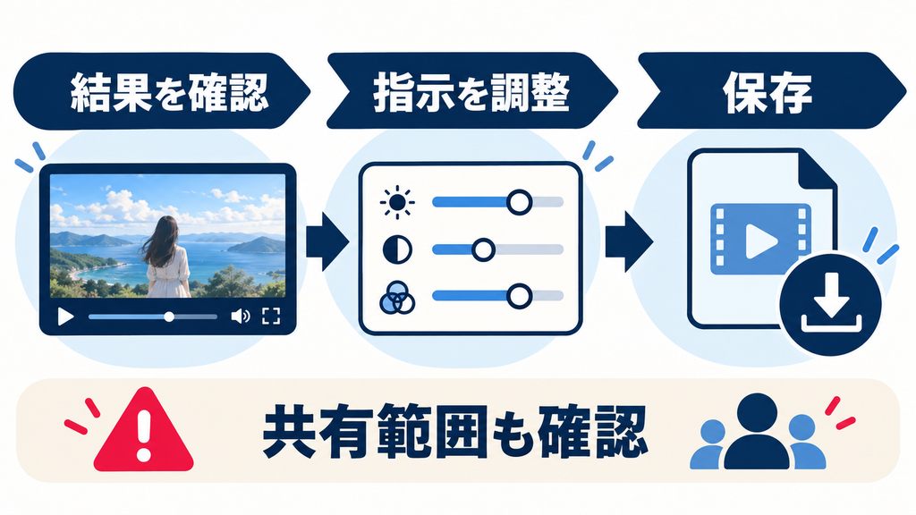 生成結果を確認し、指示を調整して保存する流れと共有範囲の確認