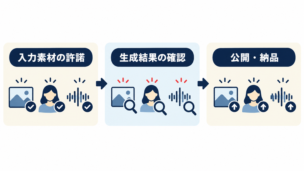 入力素材の許諾を確認し、生成結果を点検してから公開・納品する流れ