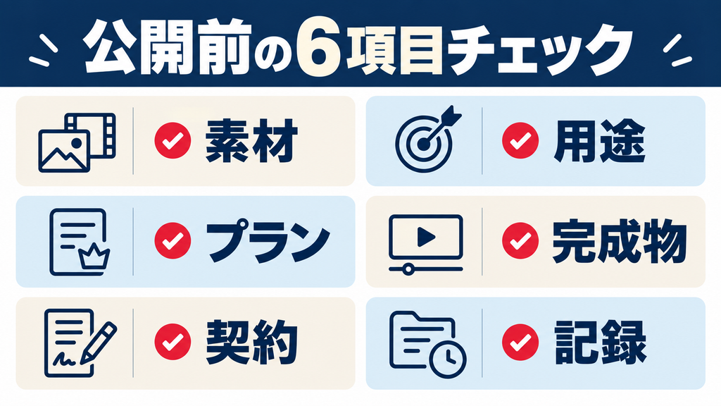 公開前に確認する6項目：素材・用途・プラン・完成物・契約・記録