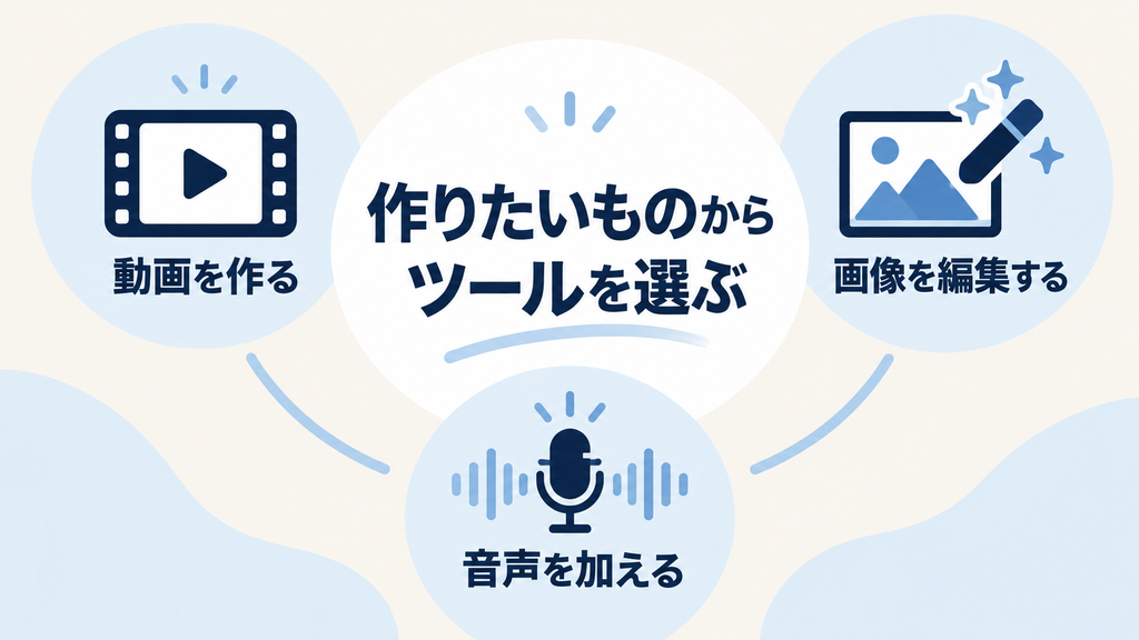 Pika AIで動画・画像・音声の制作目的からツールを選ぶ図