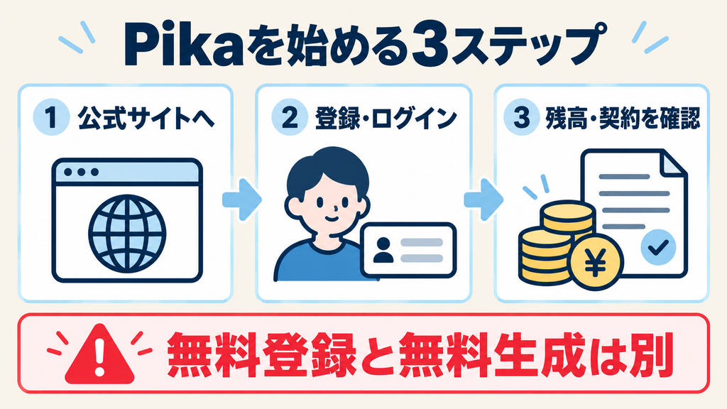 Pikaを始める3ステップ：公式サイト、登録・ログイン、残高・契約の確認