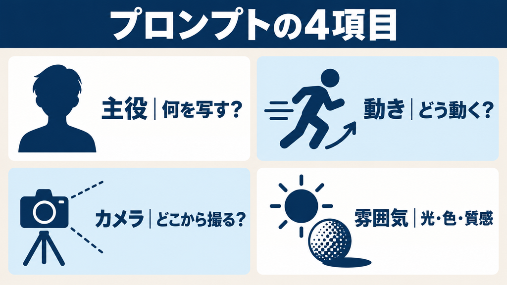 Pikaのプロンプトで指定する主役・動き・カメラ・雰囲気の4項目