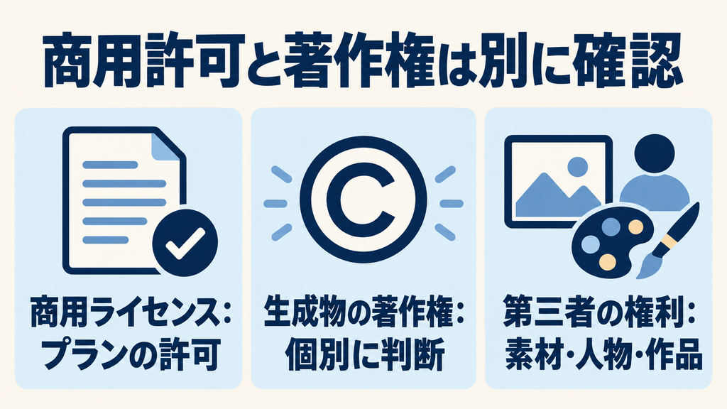 Pikaの商用利用許可・生成物の著作権・第三者の権利を分けて確認する図