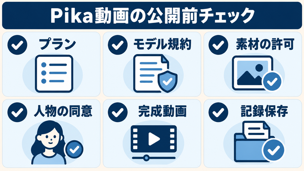 Pikaの商用利用前にプラン・モデル規約・素材・同意・完成動画・記録を確認するチェックリスト