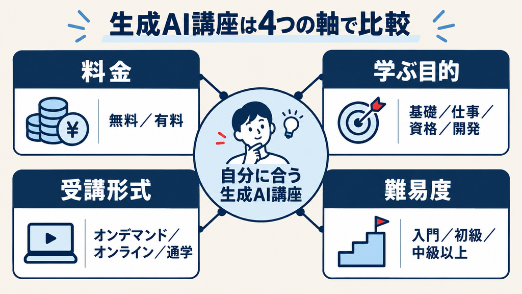 生成AI講座を料金・目的・受講形式・難易度で比較