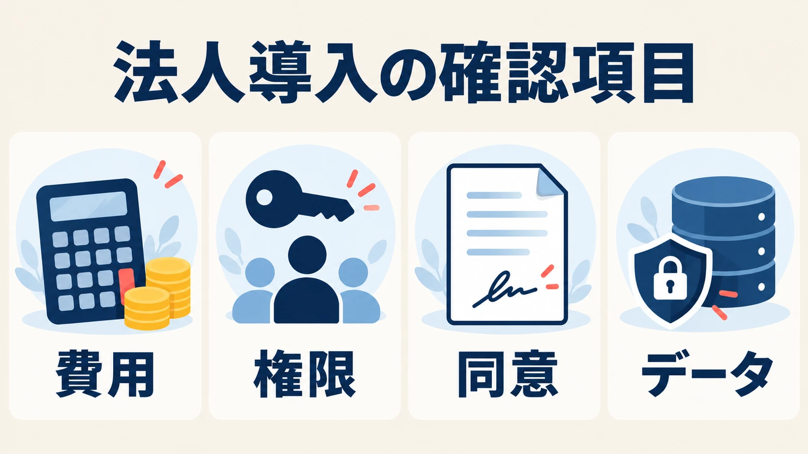 費用、権限、本人同意、データ処理を確認する法人導入の図