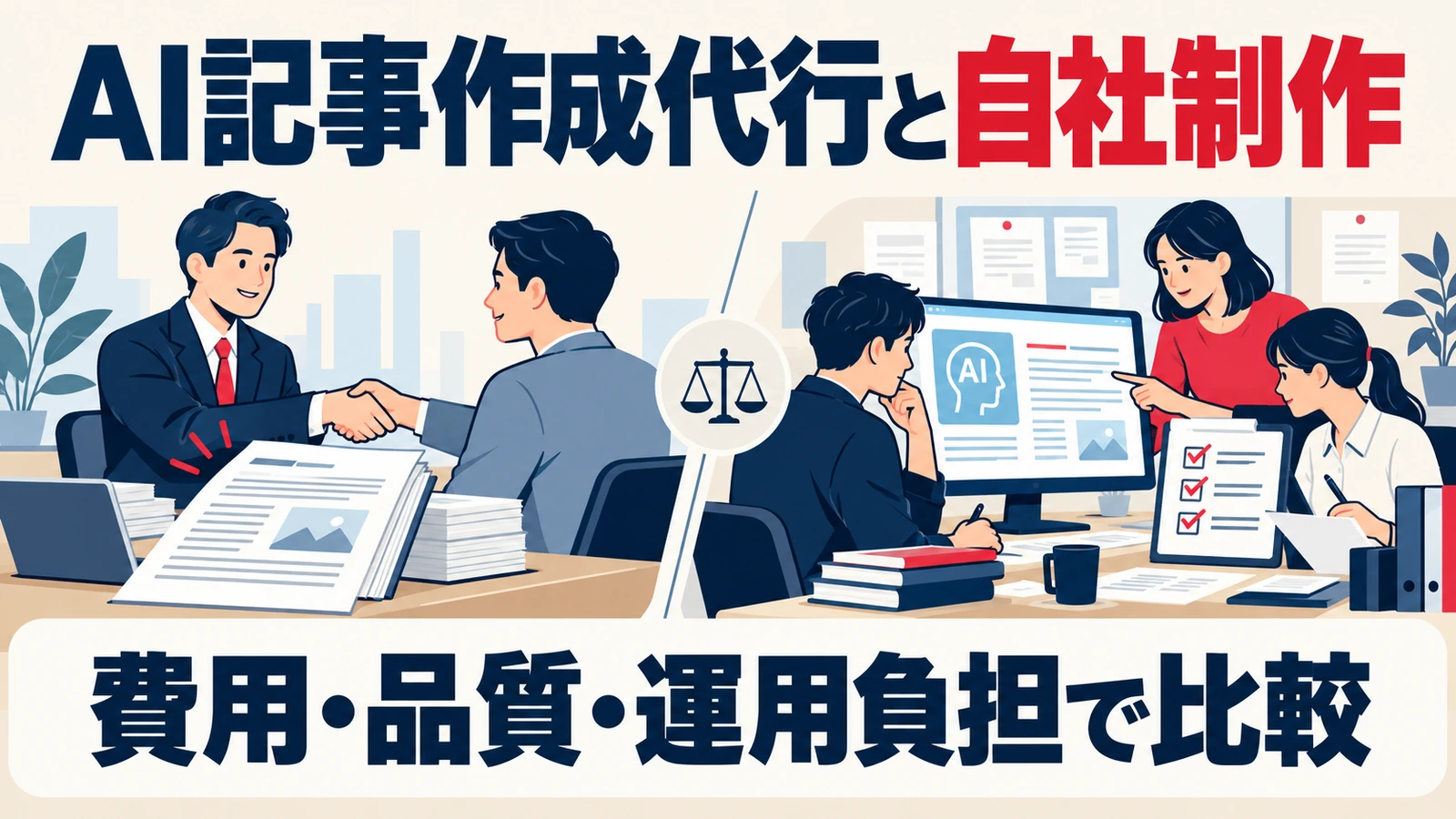 外部制作会社と社内編集チームを左右に配置し、AI記事作成代行と自社制作を費用・品質・運用負担で比較する図