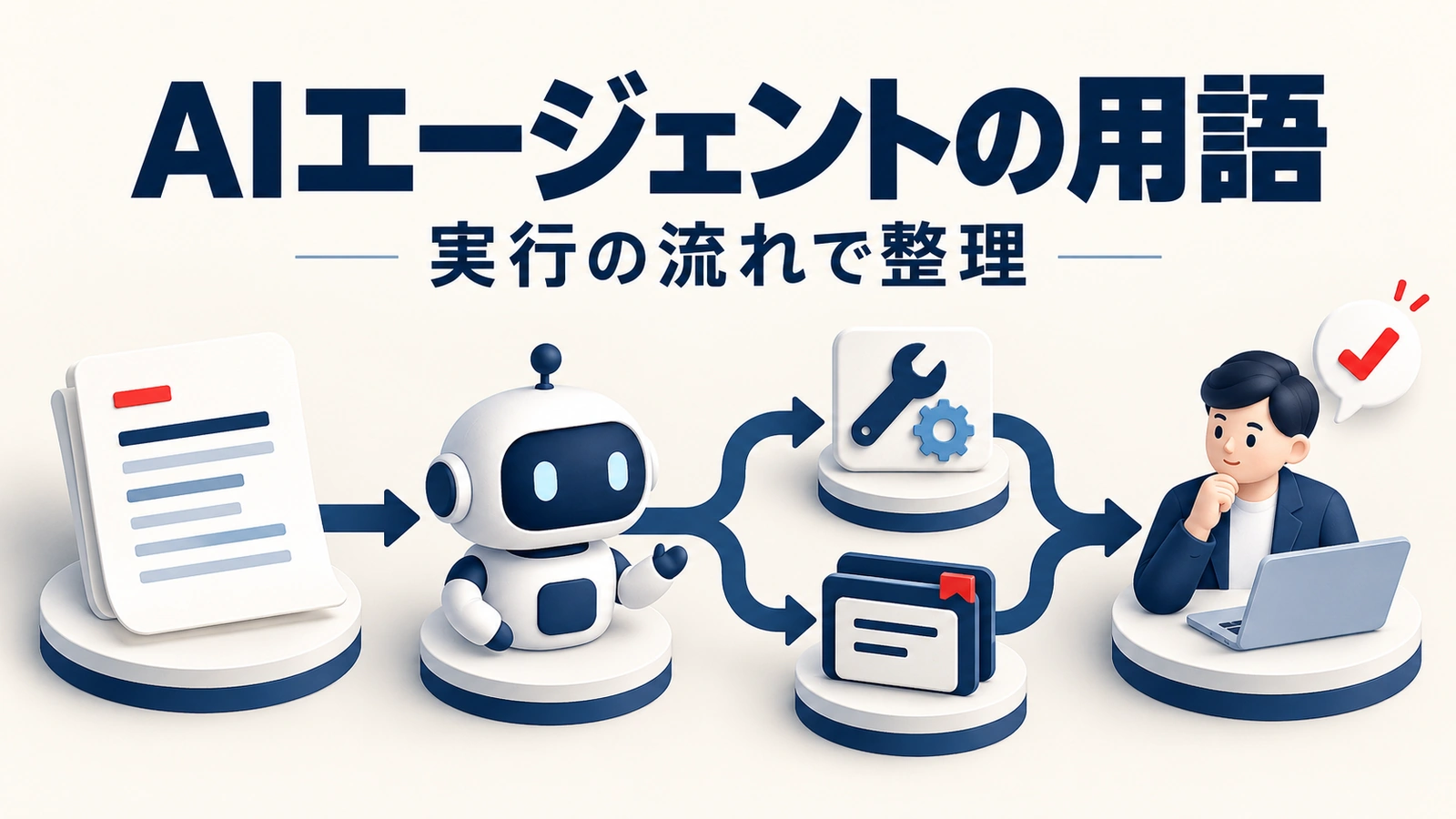 指示からツール利用と情報の保持を経て人が確認するAIエージェントの全体像