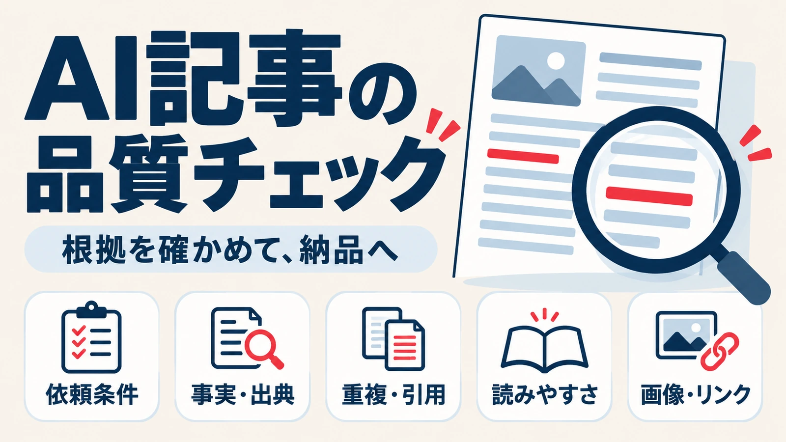 AI記事の品質を依頼条件、事実・出典、重複・引用、読みやすさ、画像・リンクで確認する図