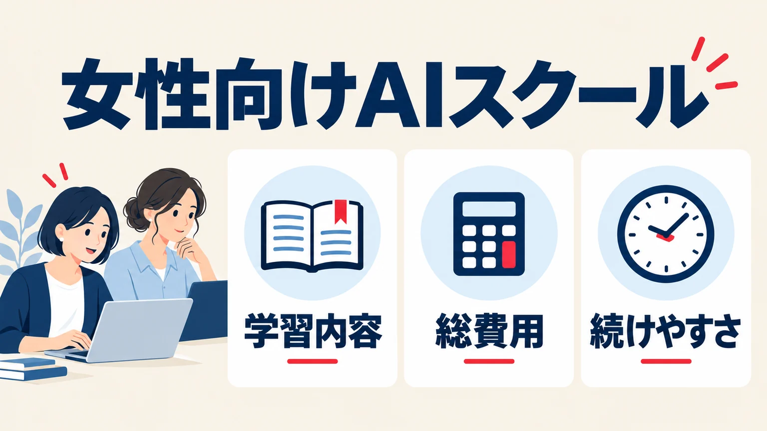 学習内容、総費用、続けやすさの3つの視点で女性向けAIスクールを比較する図