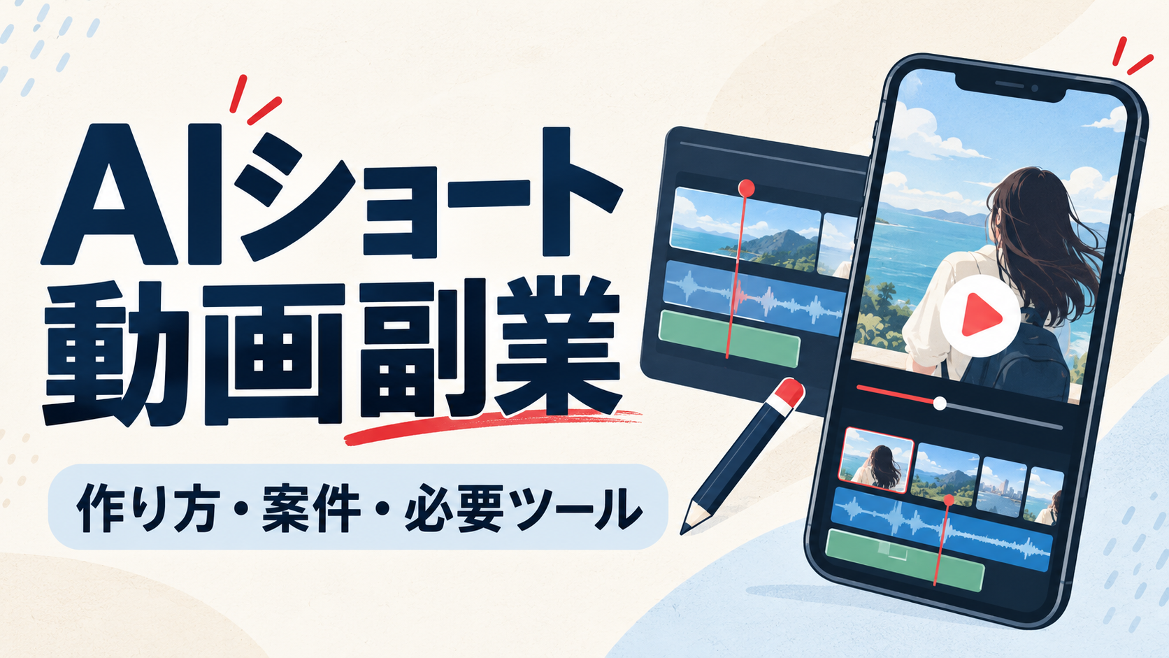 縦型動画と編集タイムラインを描いたAIショート動画副業の解説イラスト