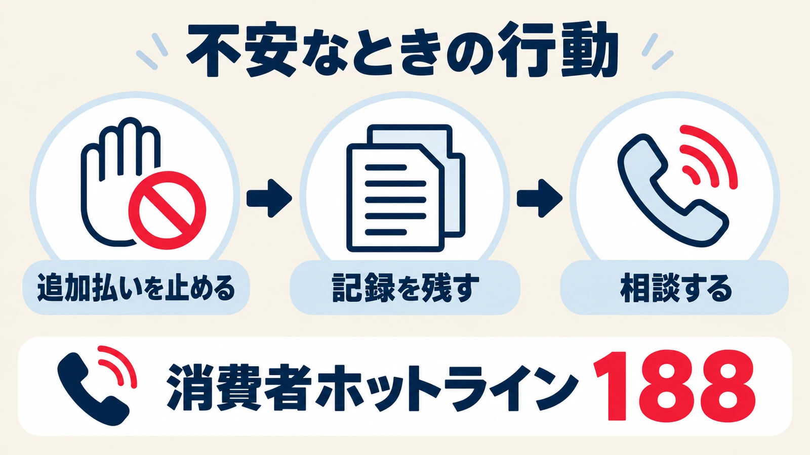追加払いを止め、記録を残し、消費者ホットライン188などに相談する流れ