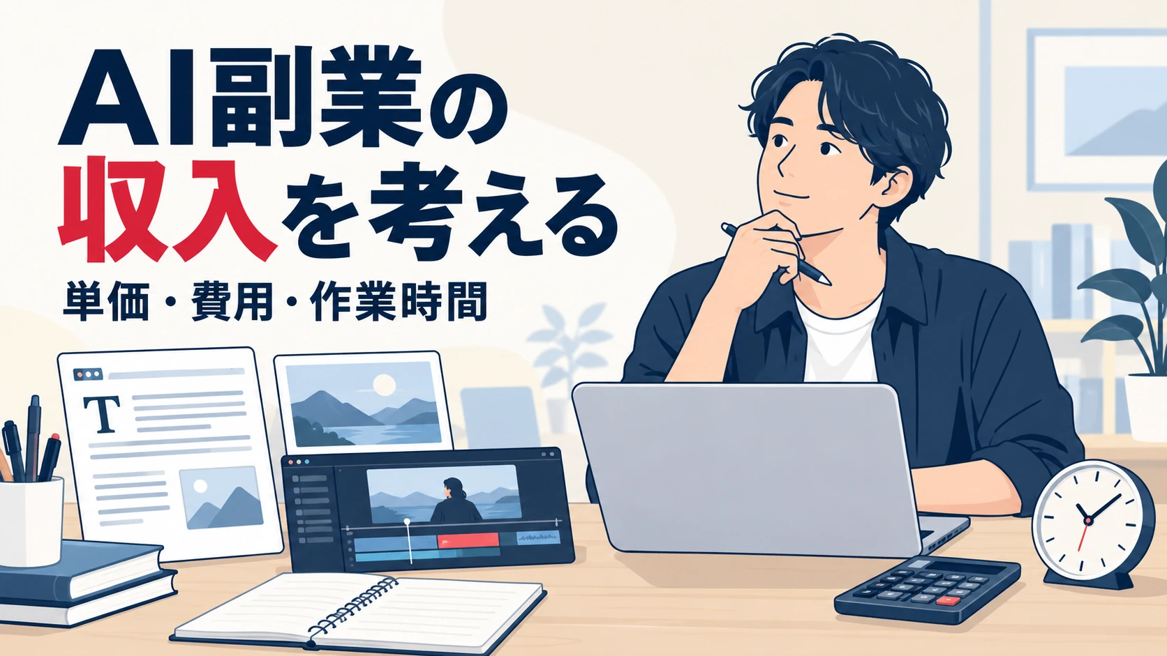 文章・画像・動画の仕事と電卓や時計を前に、AI副業の単価・費用・作業時間を検討する人