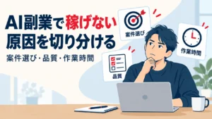 AI副業で稼げない原因を案件選び、品質、作業時間に分けて考える図