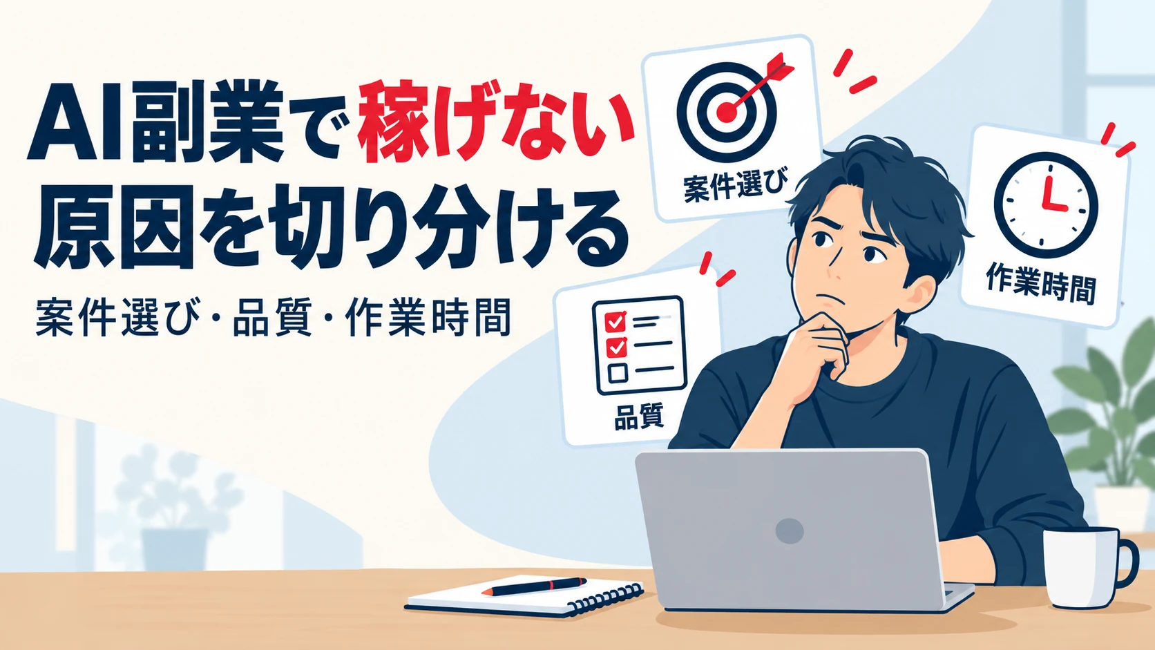 AI副業で稼げない原因を案件選び、品質、作業時間に分けて考える図