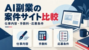 仕事内容・手数料・応募条件の3つのカードでAI副業の案件サイト比較を表した図