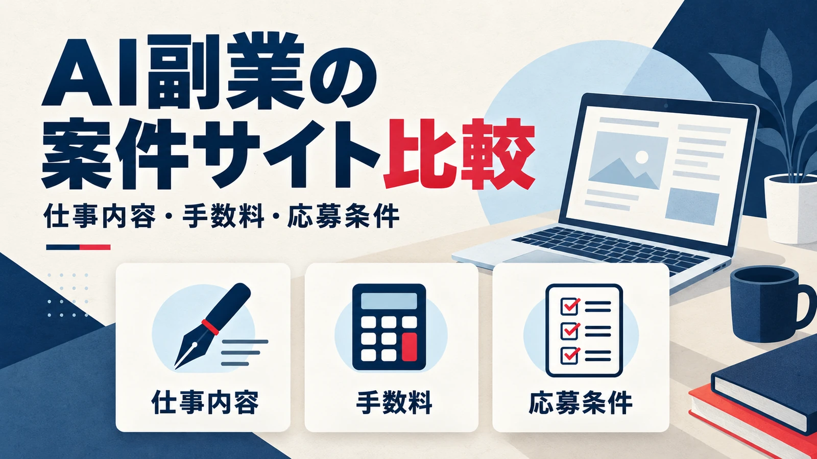 仕事内容・手数料・応募条件の3つのカードでAI副業の案件サイト比較を表した図